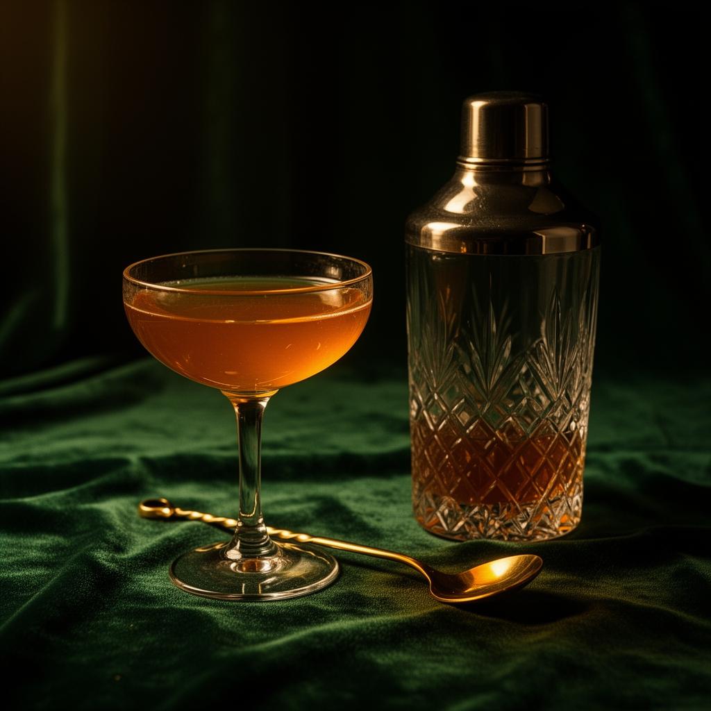 Amber cocktail and crystal shaker on dark green velvet